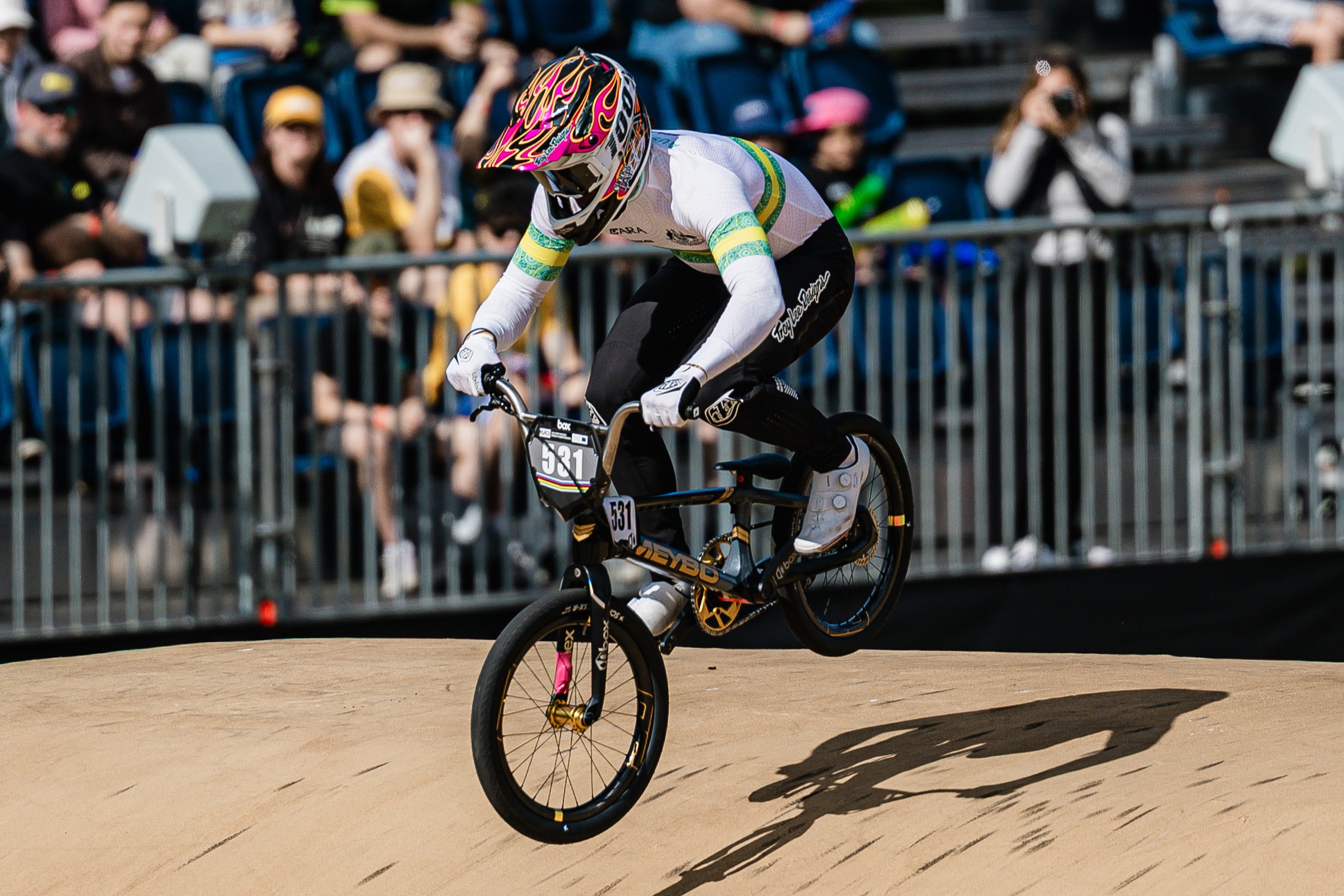 Josh Jolly in the lead at the 2026 UCI BMX Racing World Championships in Brisbane, Australia